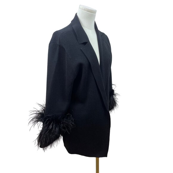 Kobi Halperin Womens Black Open Front Cardigan With Feather Trim Sleeves Size L - Picture 2 of 8